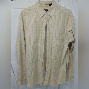 Izod   Yellow And Blue Plaid Button Down Long Sleeve Shirt Sz Medium